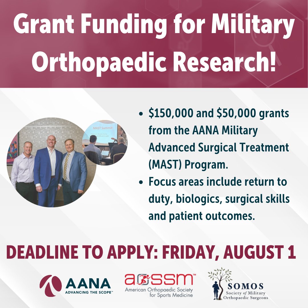 AANAORG's tweet image. The application deadline for the MAST Research Initiative grant is fast approaching. The top recipient will receive a $150,000 grant, and an additional project will receive a $50,000 grant. This research initiative, a collaboration between AANA, @aossm1972 and @MilOrtho, focuses…