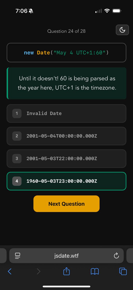 got a relatively high score at jsdate.wtf by deliberately choosing the most insane counter logical answers 💀