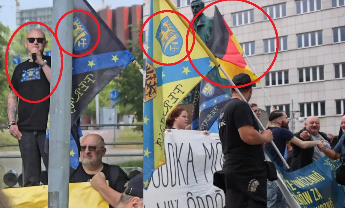 Marsz Ruchu Autonomii Śląska w Katowicach tłumów nie przyciągnął. Za to pojawiły się:

🇩🇪 Niemieckie flagi
🇩🇪 Symbole pruskiej prowincji Oberschlesien.
⚠️Przemawiał senator Maciej Kopiec (Lewica) w koszulce separatystycznej proniemieckiej organizacji Schlesischer Verein.

Ten sam