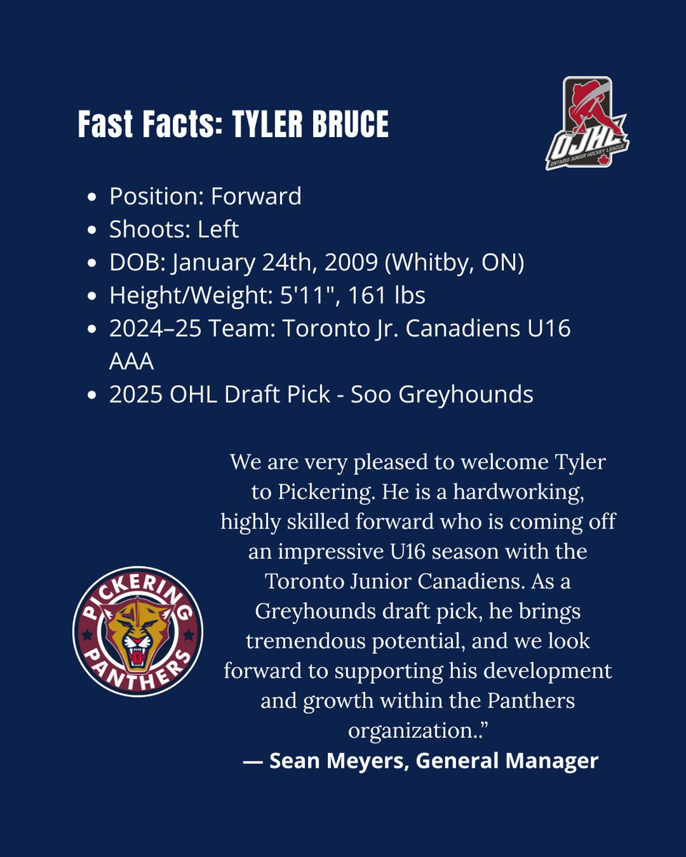 The Panthers are proud to welcome 2009-born F Tyler Bruce to the lineup!

The Whitby native joins us from the Toronto Jr. Canadiens U16 AAA and was selected by the Soo Greyhounds in the 2025 OHL Draft.

#PantherPride #NewPanther #OJHL #TylerBruce