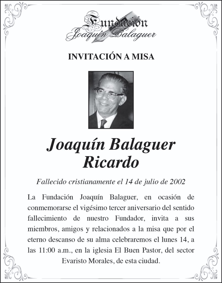Héctor Marte (@hectormarte_23) on Twitter photo Mañana, 14 de Julio, vamos recordar a nuestro líder histórico Joaquin Balaguer, en la iglesia EL Buen Pastor. <a href="/joaquinricardog/">Joaquin Ricardo</a> Mañana, 14 de Julio, vamos recordar a nuestro líder histórico Joaquin Balaguer, en la iglesia EL Buen Pastor. <a href="/joaquinricardog/">Joaquin Ricardo</a>