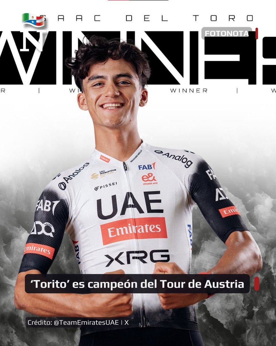 📍 Con un tiempo total de 17:51:18, y dominando tres de las cinco etapas de la competencia, Isaac del Toro, el ‘Torito’, se convirtió en campeón el Tour de Austria. Llegando a la meta en Feldkirch, el mexicano celebró con sus compañeros del equipo UAE Team Emirates - XRG.