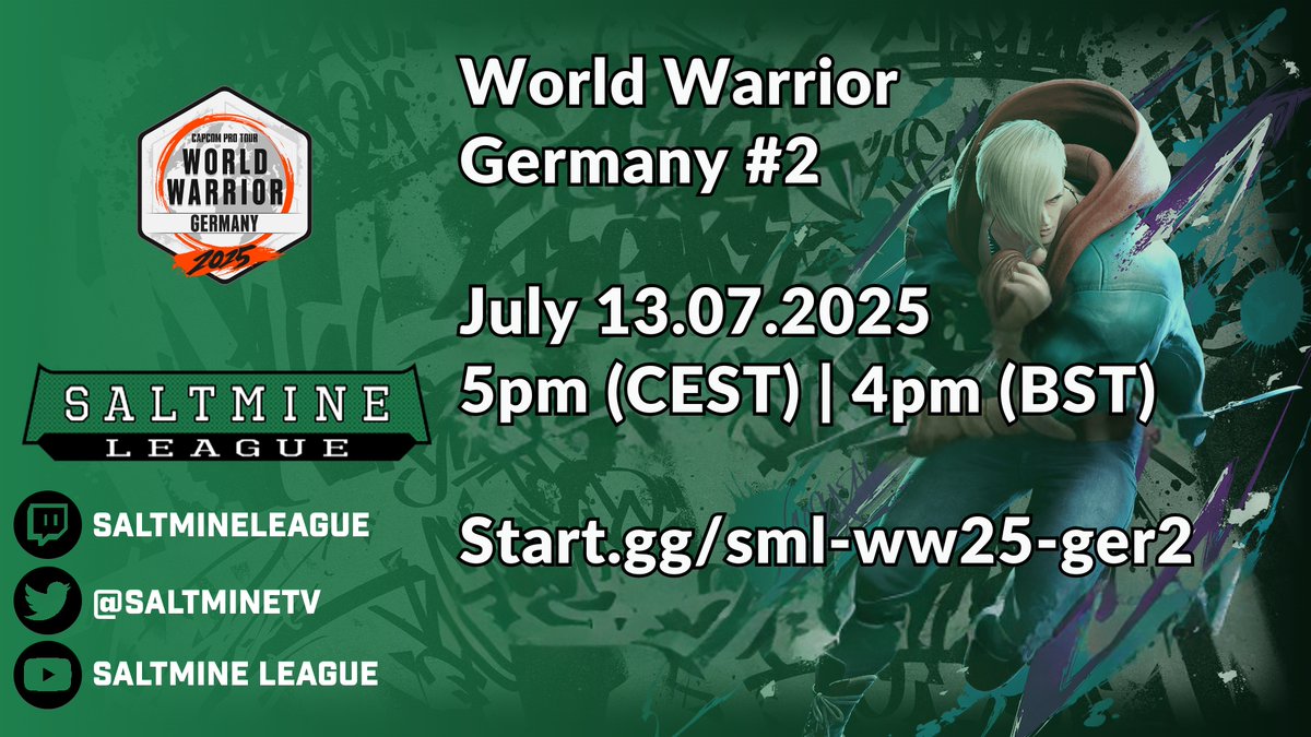 Now live with the second #StreetFighter6 #CPTWW2025 #SML "Germany" Tournament! #FGC #SF6       

Mic: <a href="/Shivs_Vii/">Shivs</a> &amp; <a href="/Roozu91/">Roozu</a> 

Twitch: twitch.tv/saltmineleague
YouTube: youtube.com/@SaltmineLeague