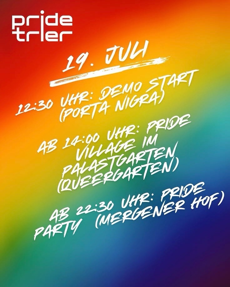 #savethedate #Trier

#Pride Trier “Our Pride Fights for Rights”

#NieWiederStill

👉🏽 19. Juli 2025
👉🏽 Trier
👉🏽 12:30 Demo-Start Porta Nigra
👉🏽 ab 14:00 Uhr Pride-Village im Palastgarten
👉🏽 ab 22:30 Uhr Pride-Party Mergener Hof

Weitere Infos
instagram.com/p/DLw3b3RMuzX/…