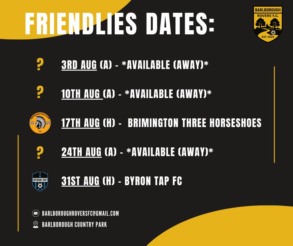 Barlborough Rovers FC (@brfc_2025) on Twitter photo ⚽️We are still looking away friendlies on the 3rd, 10th and 24th of August. Division 4/5/6 teams only.
👉Contact barlboroughroversfc@Gmail.com ⚽️We are still looking away friendlies on the 3rd, 10th and 24th of August. Division 4/5/6 teams only.
👉Contact barlboroughroversfc@Gmail.com