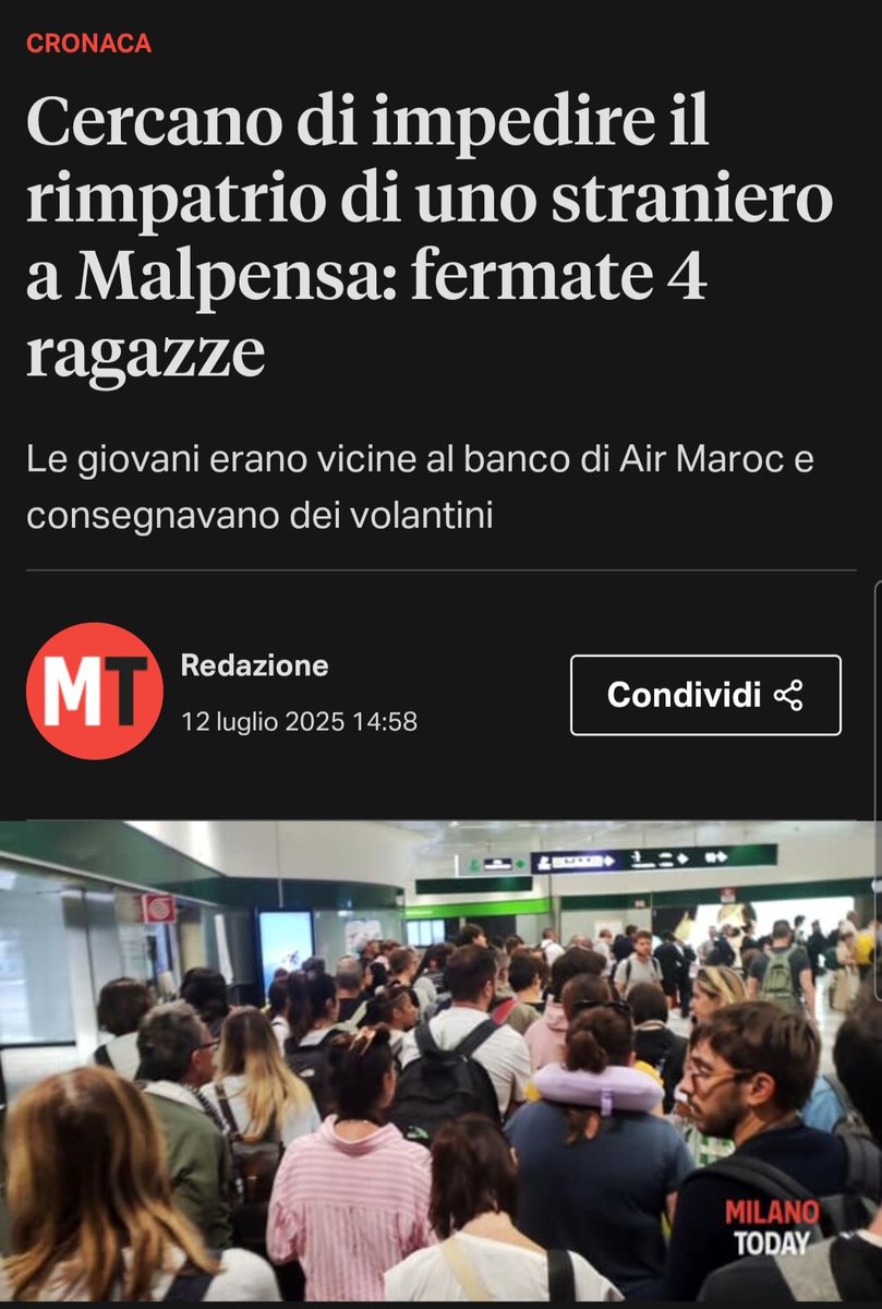 #Malpensa, Fermate dalla digos 4 #attiviste anarchiche che cercavano di impedire il rimpatrio di uno #straniero di nazionalità marocchina.

Le ragazze erano vicine al banco di Air Maroc e consegnavano volantini per istigare la gente a boicottare il volo. ⤵️