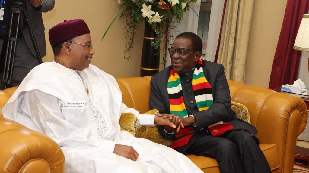 Miners4EDHarare's tweet photo. President Emmerson Mnangagwa represents SADC at the 7th AU Mid-Year Coordination Meeting in Malabo, Equatorial Guinea, meeting with President Teodoro Obiang Nguema Mbasogo #AUMidYear #SADCLeadership. https://t.co/rWdUQLsrfm