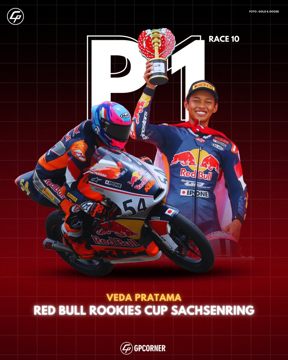 gpcorner's tweet photo. VEDA PRATAMA, Indonesia Raya kembali berkumandang di Eropa bro! 🇮🇩🇮🇩🇮🇩

Veda Pertama berhasil meraih kemenangan di Race 2 Red Bull Rookies Cup Sachsenring

Ramadhipa P4

Luar biasa untuk kalian berdua Veda &amp; Ramadhipa 👏 

#RedBull #MotoGP #vedapratama https://t.co/FWTb3WisZZ