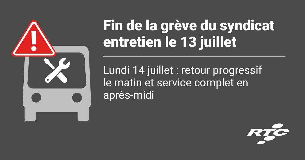 RTCQuebec's tweet image. La grève du syndicat du personnel de l’entretien prend fin aujourd’hui, à minuit. Notre service de bus sera de retour progressivement demain le lundi 14 juillet au matin. Le service complet devrait être offert à compter de midi ce jour-là. rtcquebec.ca/horaires-et-tr…
