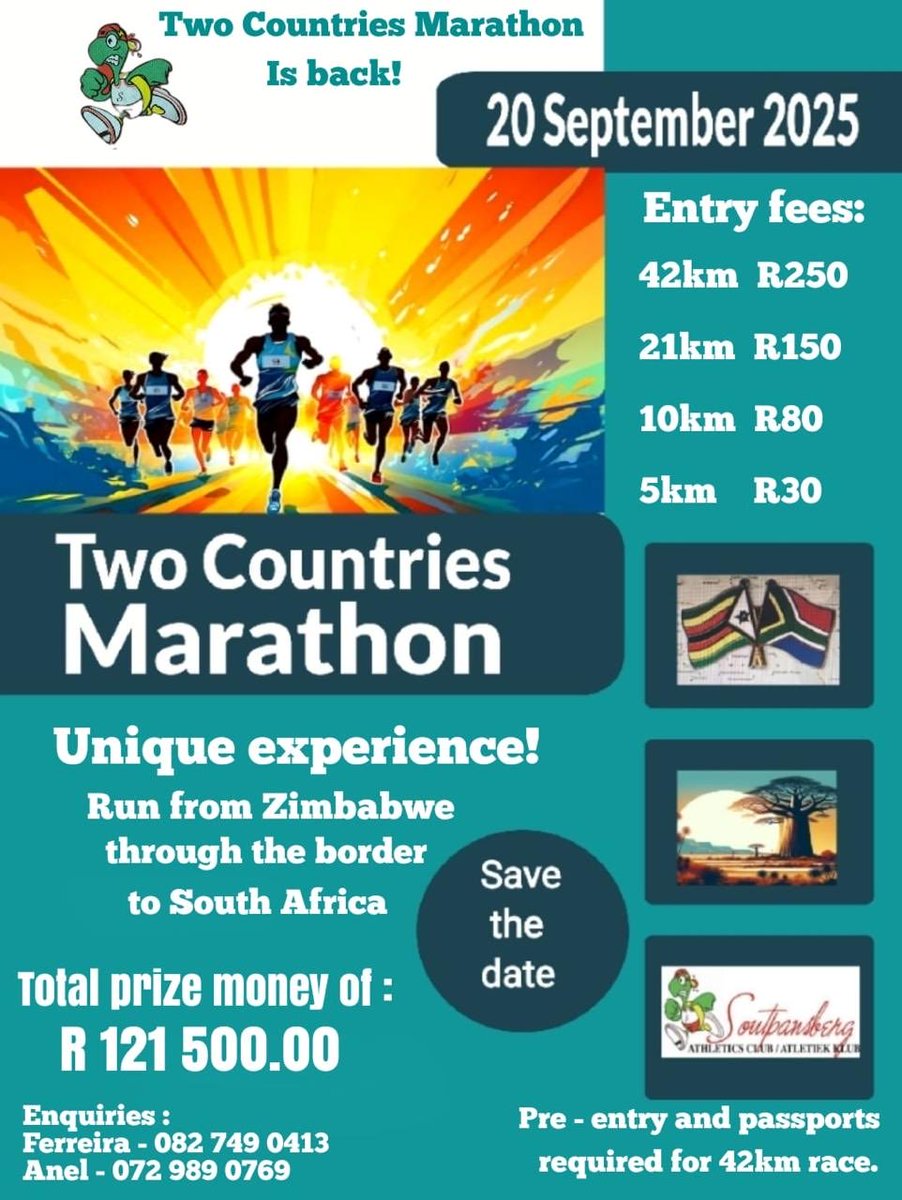 ndivhu1017's tweet photo. Two Countries Marathon.20 September 2025. This unique marathon offers an unforgettable experience. The 42.2km race commences in Zimbabwe, crosses the border into South Africa, and requires pre-entries and passports. Pre-entries are also mandatory for the 21.1km race. ASIYE ZIM https://t.co/RjoaWiE0Z2