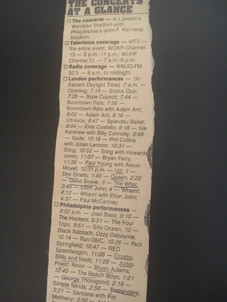 ToddWalsh's tweet image. A handy guide printed by my hometown paper the @DandC back on this day, for #LiveAid. The wait for @U2 to take the stage was more than worth it. It was our Woodstock.