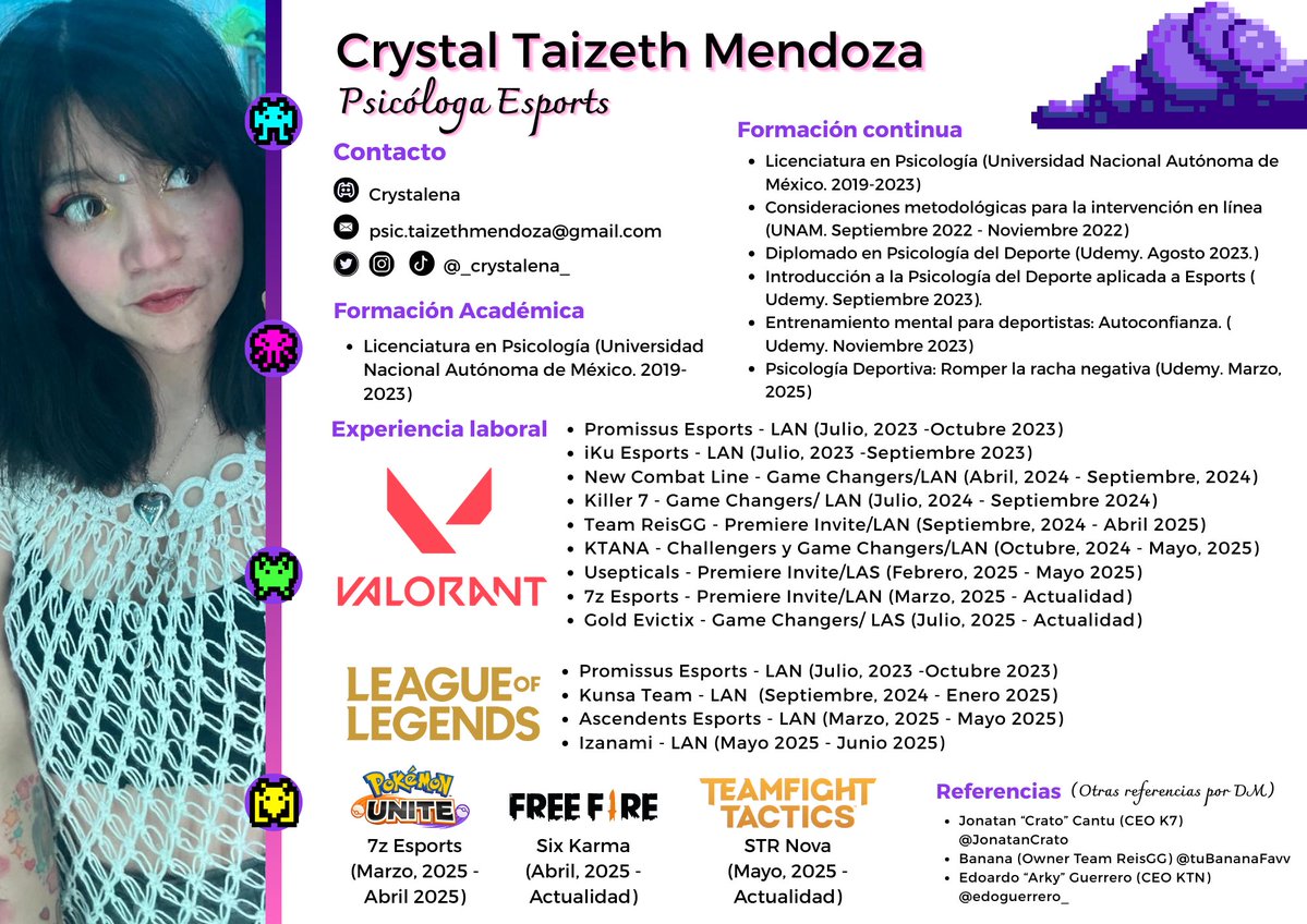 Actualización de CV! Han sido meses increíbles 🎮
Paso a recordar que tenemos agenda abierta para colaboración psicológica con equipos o trabajar de manera individual. DM's Abiertos.  ✨
Ganar es el resultado de competir, y tu cabeza también compite ✨
Se agradecen❤️ y RT's ✨