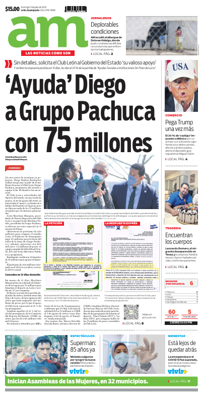periodicoam's tweet photo. 📰 Comienza tu día con Las 8AM. Suscríbete a nuestro newsletter https://t.co/OJ8bUBsyzA

1️⃣ El secreto millonario de Diego Sinhue: 'Ayudó' con 75 millones al Club León https://t.co/jkQVNKgJ3U

2️⃣ Moscas, basura y precariedad: Así viven jornaleros en el rancho de Dolores Hidalgo https://t.co/PJceXwWNs7

3️⃣ Alarma en Guanajuato: Amenaza de aranceles del 30% de Trump desata incertidumbre económica https://t.co/A7Tyqauv6U

4️⃣ Ante el miedo de ser exhibidas, gasolineras de Guanajuato mantienen precio topado de combustible https://t.co/vCa2Eynumf

5️⃣ Vamos a llegar a acuerdo: Claudia Sheinbaum https://t.co/2o973Si4Il

6️⃣ Sufren apagón 335 mil usuarios industriales https://t.co/ZcVGfXbtPa

7️⃣ Mariana Lodoza disfruta debut en la comedia con “Regalo de Amor” y adelanta giro de su personaje https://t.co/QbZFJmc0H5

8️⃣ ¿Qué James Rodríguez veremos en el AP 2025? León necesita su mejor versión https://t.co/Rw30nkklXF