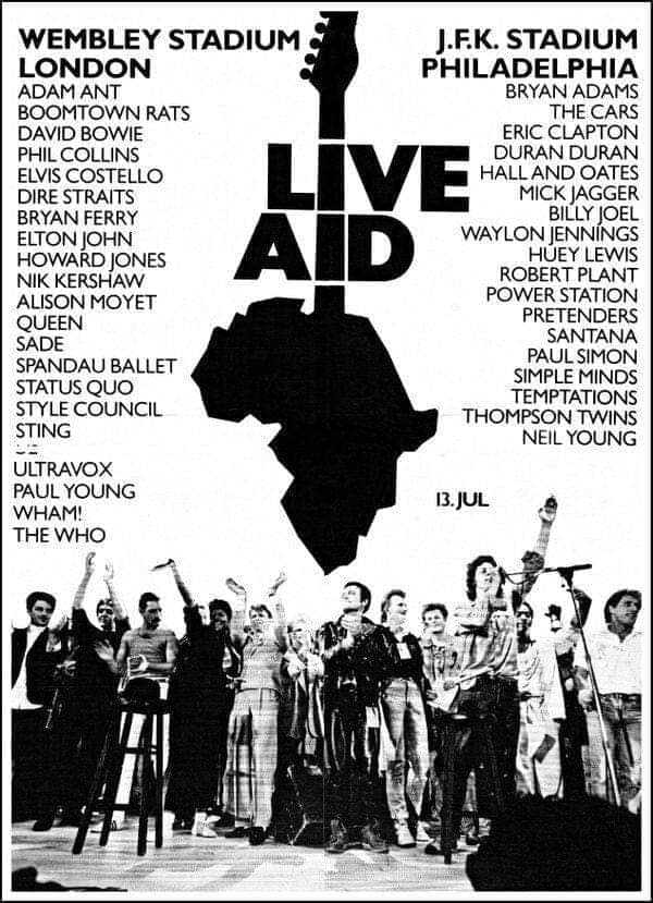 Live Aid was held in both London and in Philadelphia to raise money for the famine in Ethiopia. Live Aid was broadcast in 150 countries with 13 satellites for TV audiences everywhere. July 13, 1985. Did you watch?