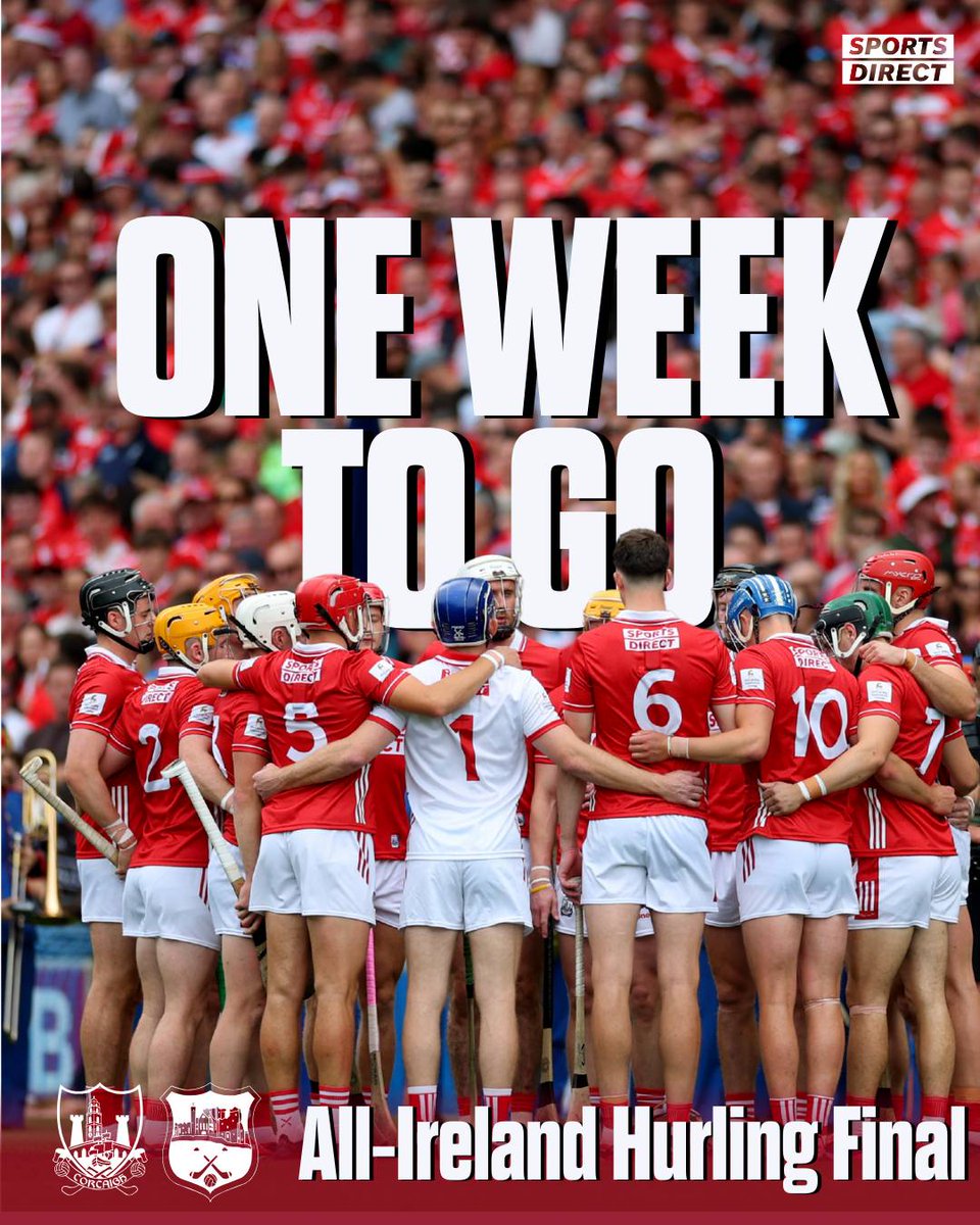 OfficialCorkGAA's tweet photo. One Week To Go
Cork v Tipperary.
All-Ireland Final.
Croke Park.
Let the countdown begin!

#RebelsRising #Born2Play https://t.co/9n7266leKf