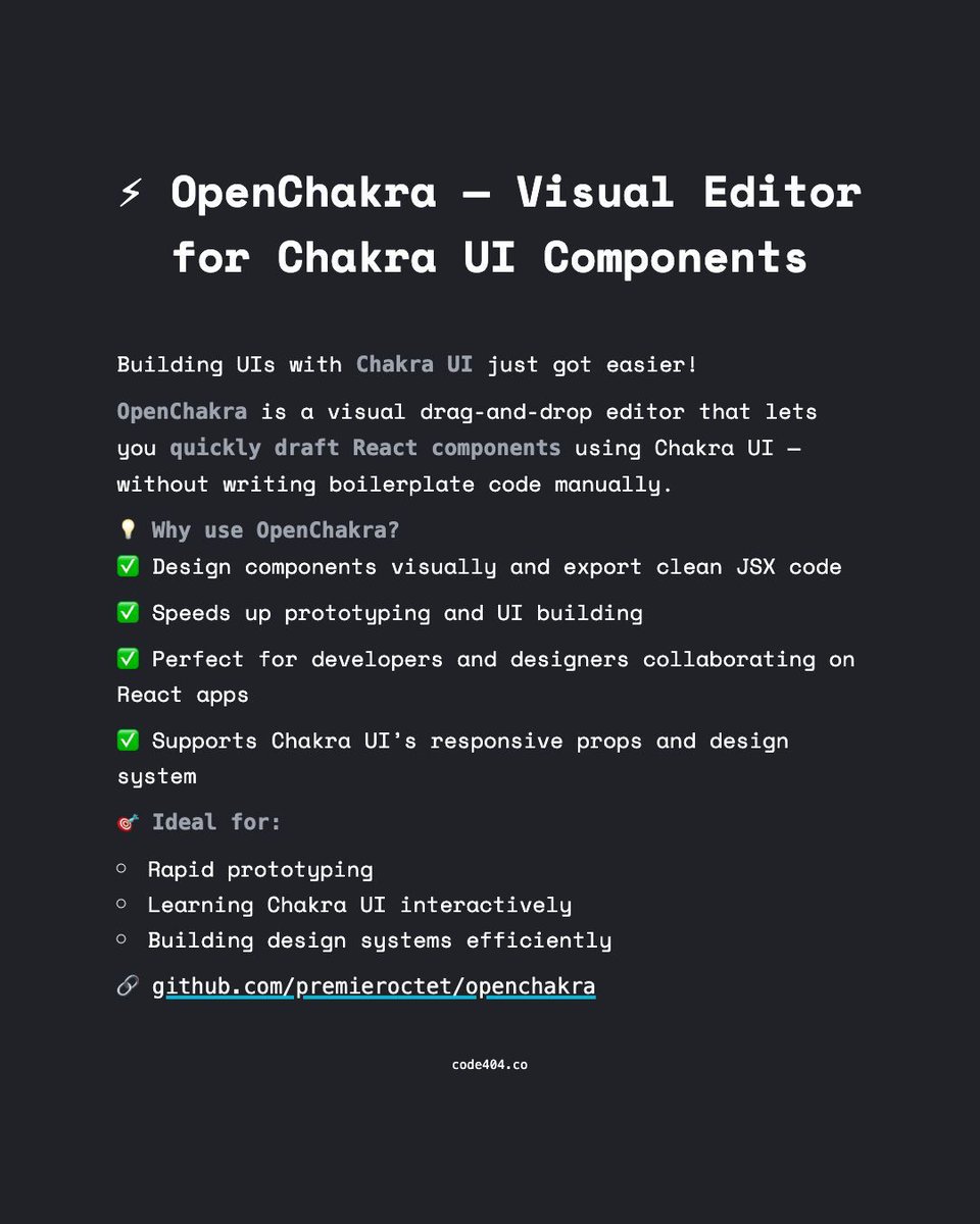 code404_co's tweet image. ⚡ OpenChakra — Visual Editor for Chakra UI Components

OpenChakra is a visual drag-and-drop editor that lets you quickly draft React components using Chakra UI — without writing boilerplate code manually.
🔗 github.com/premieroctet/o…

#ChakraUI #ReactJS #WebDevelopment #OpenChakra