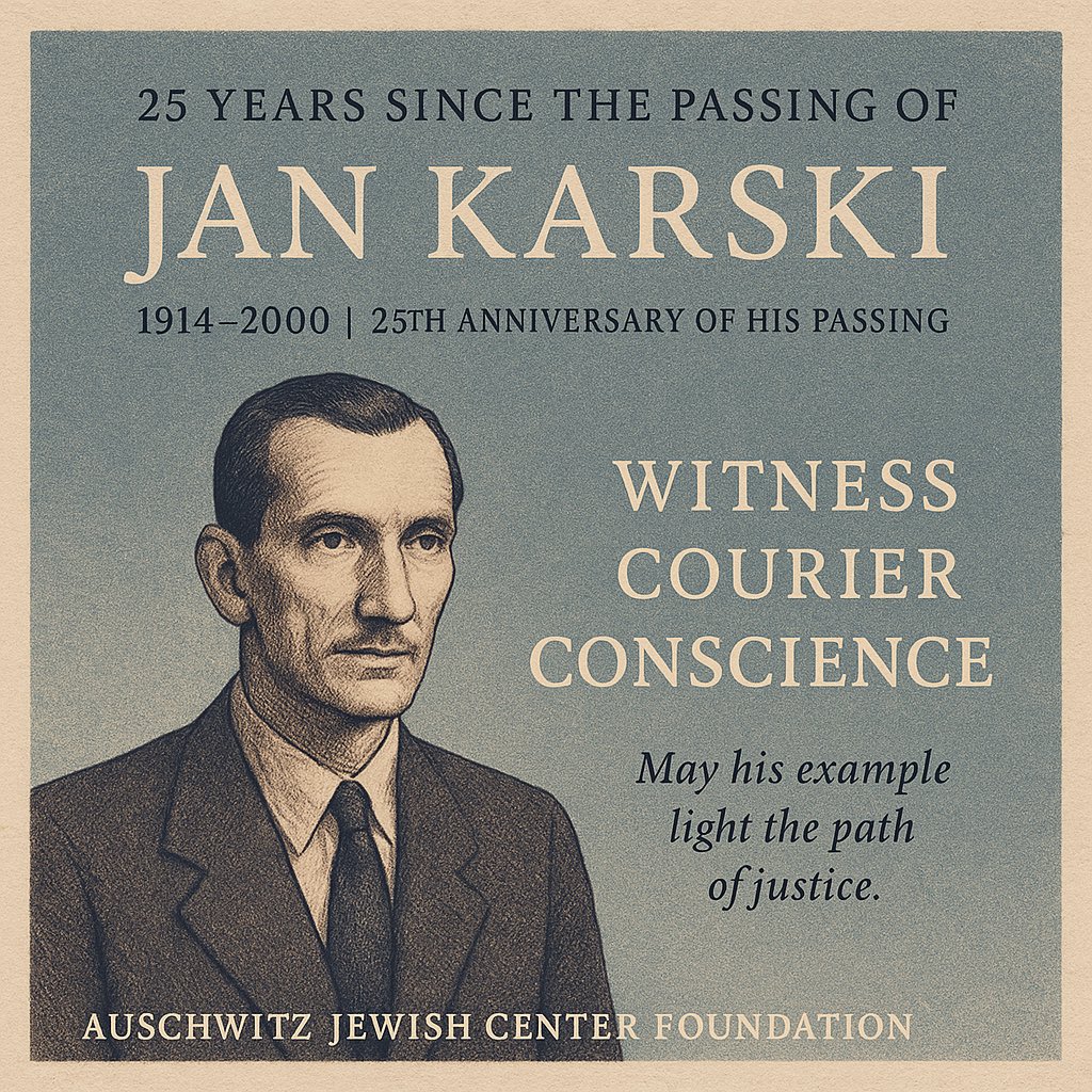 AuschwitzJCF's tweet image. Today marks 25 years since the passing of Jan Karski (1914–2000)—a hero of moral courage, a witness to atrocity, and a voice for truth in humanity’s darkest hour.
As a courier for the Polish underground, Karski risked his life to bring first-hand reports of the Holocaust to…