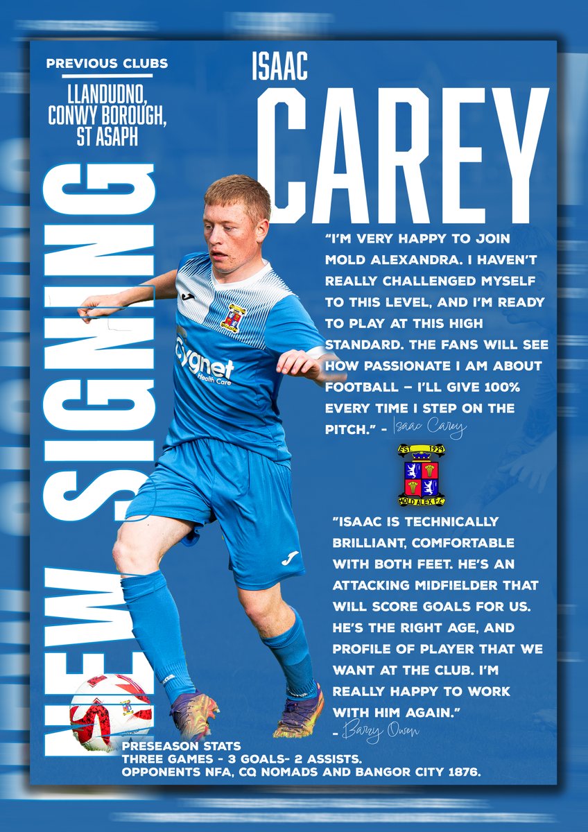 moldalexfc1929's tweet photo. ✍️ New Signing Alert Attacking midfielder Isaac Carey joins Mold Alexandra after an eye-catching preseason with The Alex. 💥
Hungry for the challenge and ready to give 100% — Carey adds flair and passion to the squad!
#NewSigning #UpTheAlex #MoldAlexandra #WelshFootball https://t.co/knG2O0EXk3