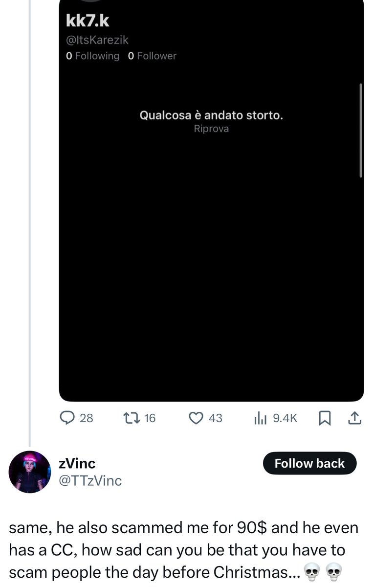 #FnScamWatch <a href="/CNLezzz/">W</a> (previously @Its_Karezik #kareziklegit )

multiple reports of taking $ for fake sales. appears to be offering another item for fake sales now 

permalink: x.com/i/user/1573683…