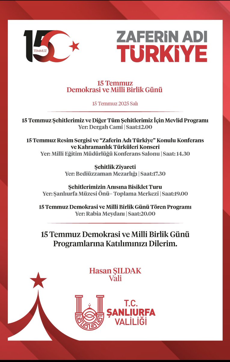 🇹🇷 Bayrakları bayrak yapan üstündeki kandır. Toprak, eğer uğrunda ölen varsa vatandır.

15 Temmuz Demokrasi ve Milli Birlik Günü programına davetlisiniz.