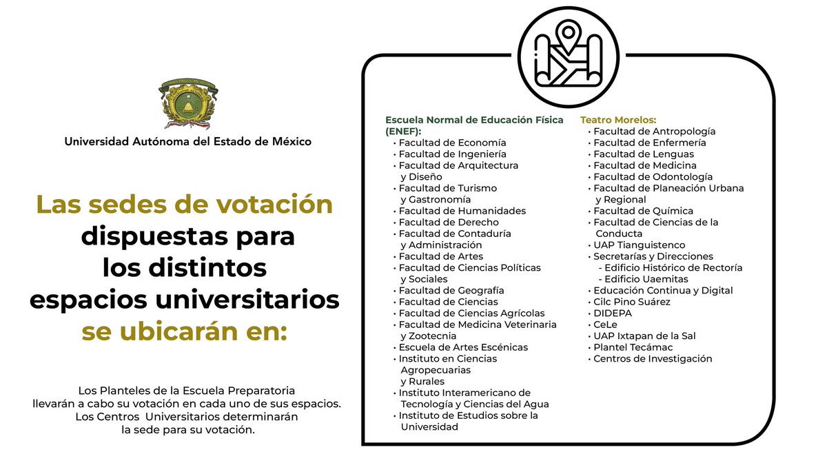 🗳️ Recuerda que el próximo martes 15 de julio se llevará a cabo la jornada de votación para elegir a la próxima titular de la Rectoría de la UAEMéx. 

Te compartimos las sedes a las que podrás acudir a votar de 9 a 18 h. 

#ElecciónUAEMéx