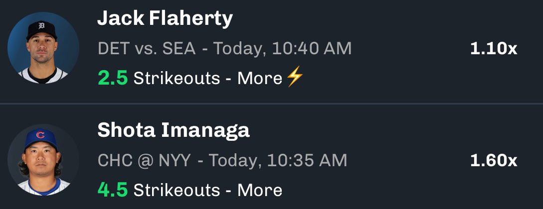 Daily Double on Chalkboard

Jack Flaherty Over 2.5 Strikeouts
Shota Imanaga Over 4.5 Strikeouts

Going for 5 STRAIGHT Sweeps 🧹 

Both are available on CB Alts if you use⬇️

Code CARUSO up to $100 in Bonus Bets linktr.ee/carusoCB