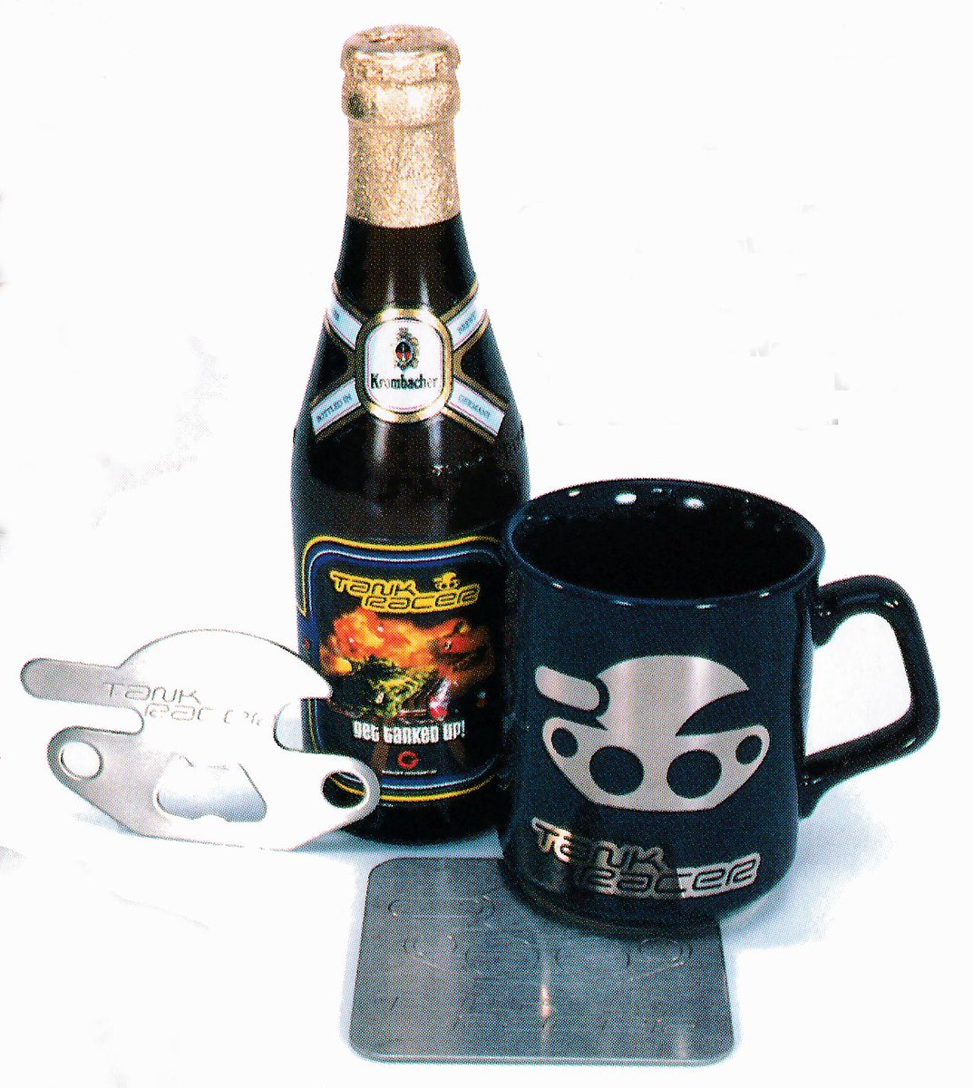 CoolBoxArt's tweet image. Tank Racer beer, mug, bottle opener & coaster / Promotional material / Grolier Interactive & Krombacher / 1999