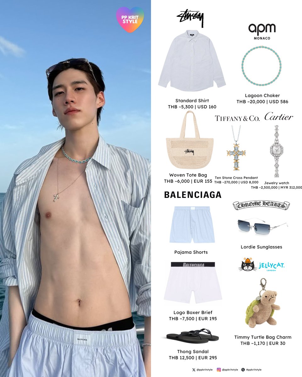 ppkritstyle's tweet image. 〰️ พีพี | PP KRIT STYLE: 😌
#Stussy Standard Shirt, Woven Tote Bag
#Balenciaga Shorts, Boxer Brief, Thong Sandal
#APMmonaco Lagoon Necklace
#ChromeHearts Lordie Sunglasses
#JellyCat Timmy Turtle Charm
#TiffanyAndCo Ten Stone Cross Pendant
#Cartier Watch
#ppkritt #ppkritstyle