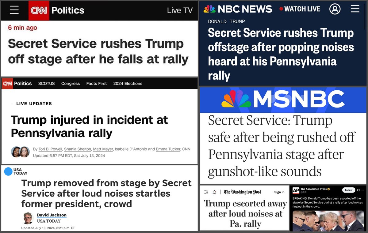 Legacy media headlines from one year ago:

“Trump falls at rally"
“Injured in incident"
“Loud noises startle former president"
“Popping noises"
“Gunshot-like sounds"