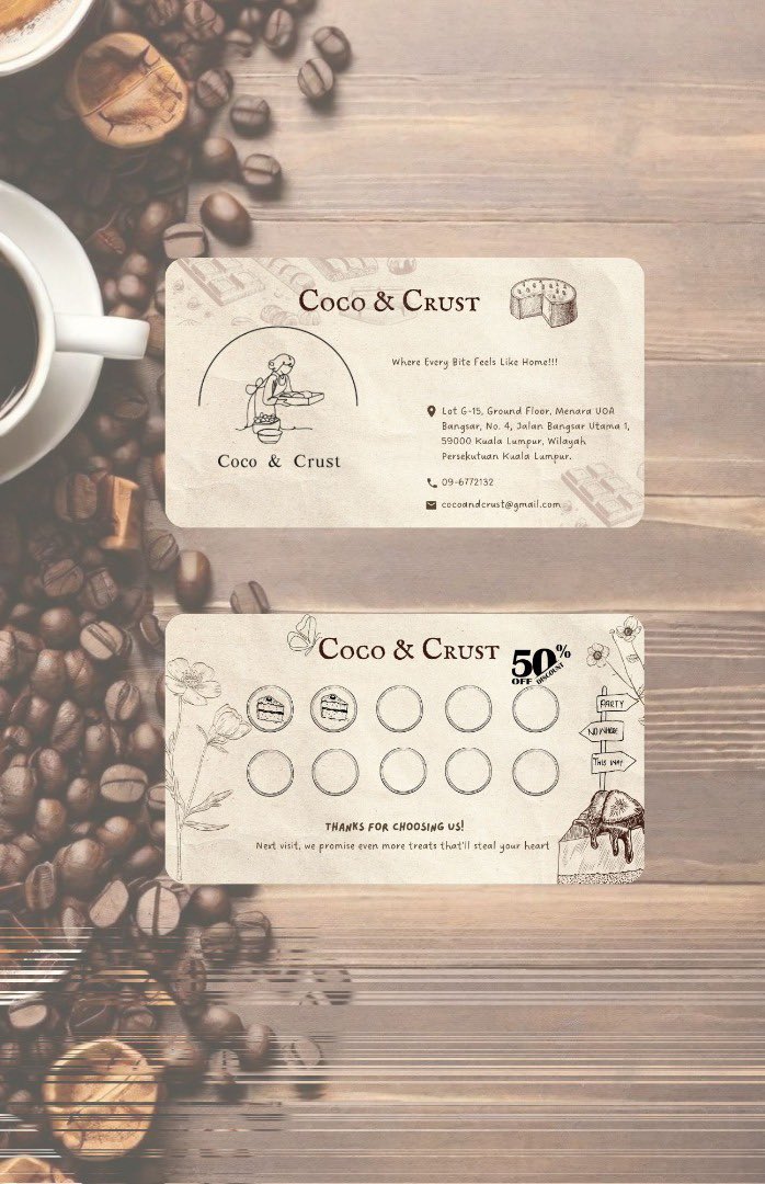 thecococrust's tweet photo. ✨ Where Every Bite Feels Like Home! ✨ 
Stop by Coco &amp; Crust and collect your stamp today! 🍰 
Enjoy 50% off when your card is full! 🎉 
📍 Bangsar, KL 
📞 09-6772132 
📩 cocoandcrust@gmail.com 
#CocoAndCrust #LoyaltyCard #BangsarEats #SupportLocal https://t.co/I6mfM0jMJE