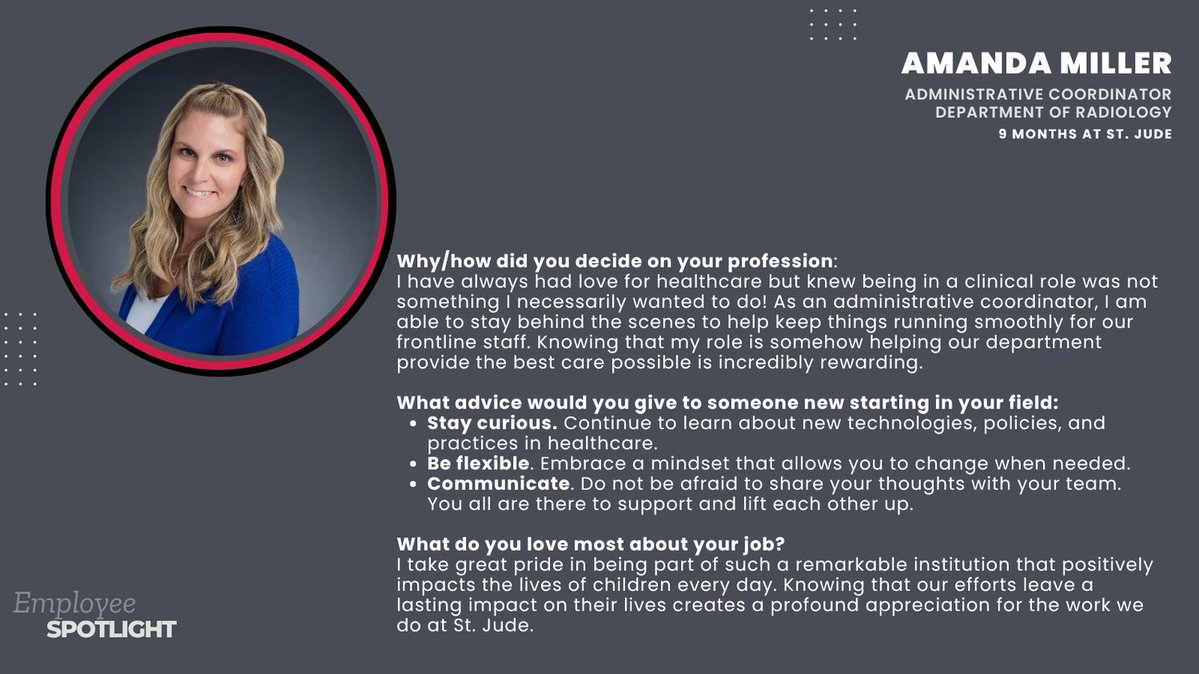 AndrewSmith_AI's tweet image. Meet @amanda-miller, one of our talented Administrative Staff members in the Department of Radiology. These talented folks make it look easy as they keep the department running smoothly. @StJudeResearch