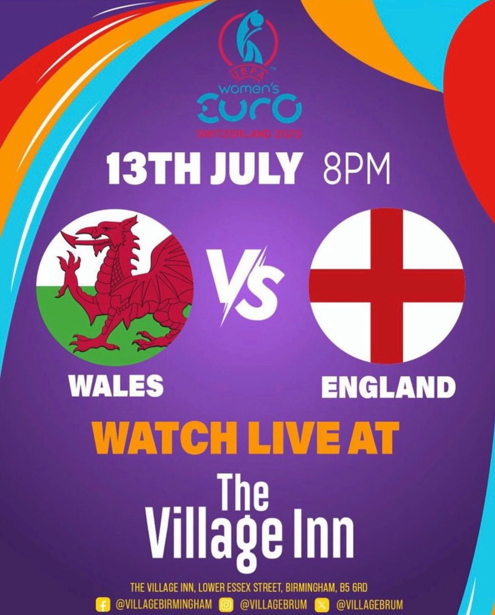 VillageBrum's tweet image. THREE LIONS ROAR AGAIN 🏴 🏴 🏴
The women’s euros is back this evening LIVE on the BIG screen here at the Village! ⚽️
TONIGHT it’s Wales 🏴 v England 🏴
⏰ Kick off 8pm