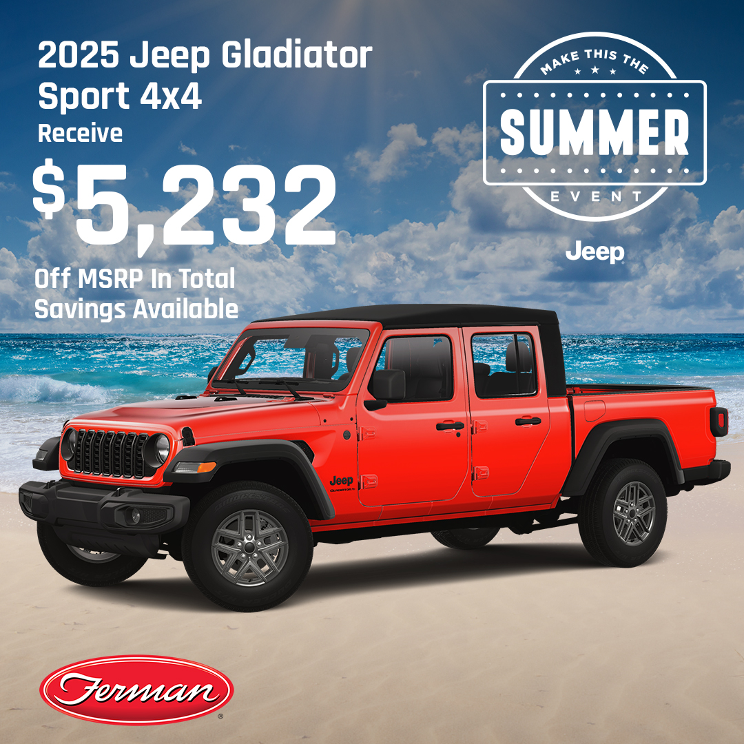 NPRFermanCJD's tweet photo. ☀️ Make This The Summer Event Is ON, At Ferman CJDR of New Port Richey. 🌴

The All-New 2025 Jeep Gladiator Sport 4x4.
$5,232 Off MSRP In Total Savings Available. 

Come See Why We Are The Store That Saves You More! 
Hurry In Now! This Offers Ends 7/31/25.
https://t.co/xRi5ahxtLU https://t.co/YN0vuhQiqG