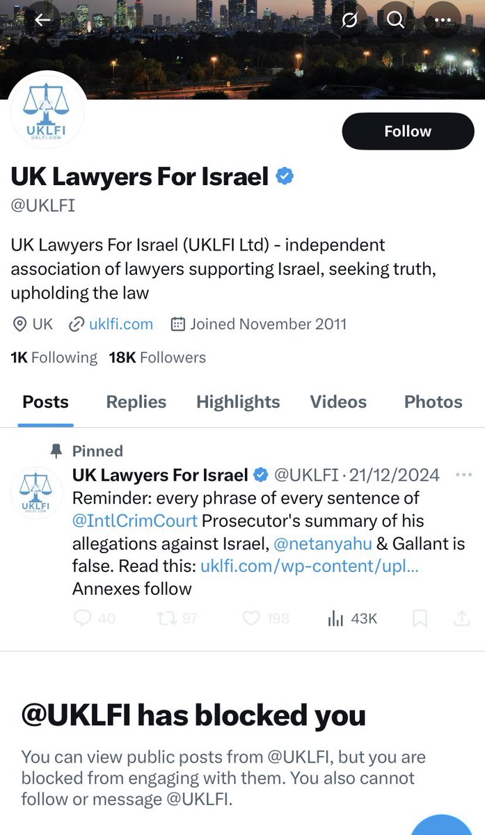 AidanNeal_UK's tweet image. Just noticed I’ve been blocked by UK Lawyers for Israel.
My only interaction with them was this.
Confirms my impression of an organisation that is not very tolerant of anyone dissenting from their opinions on Israel.