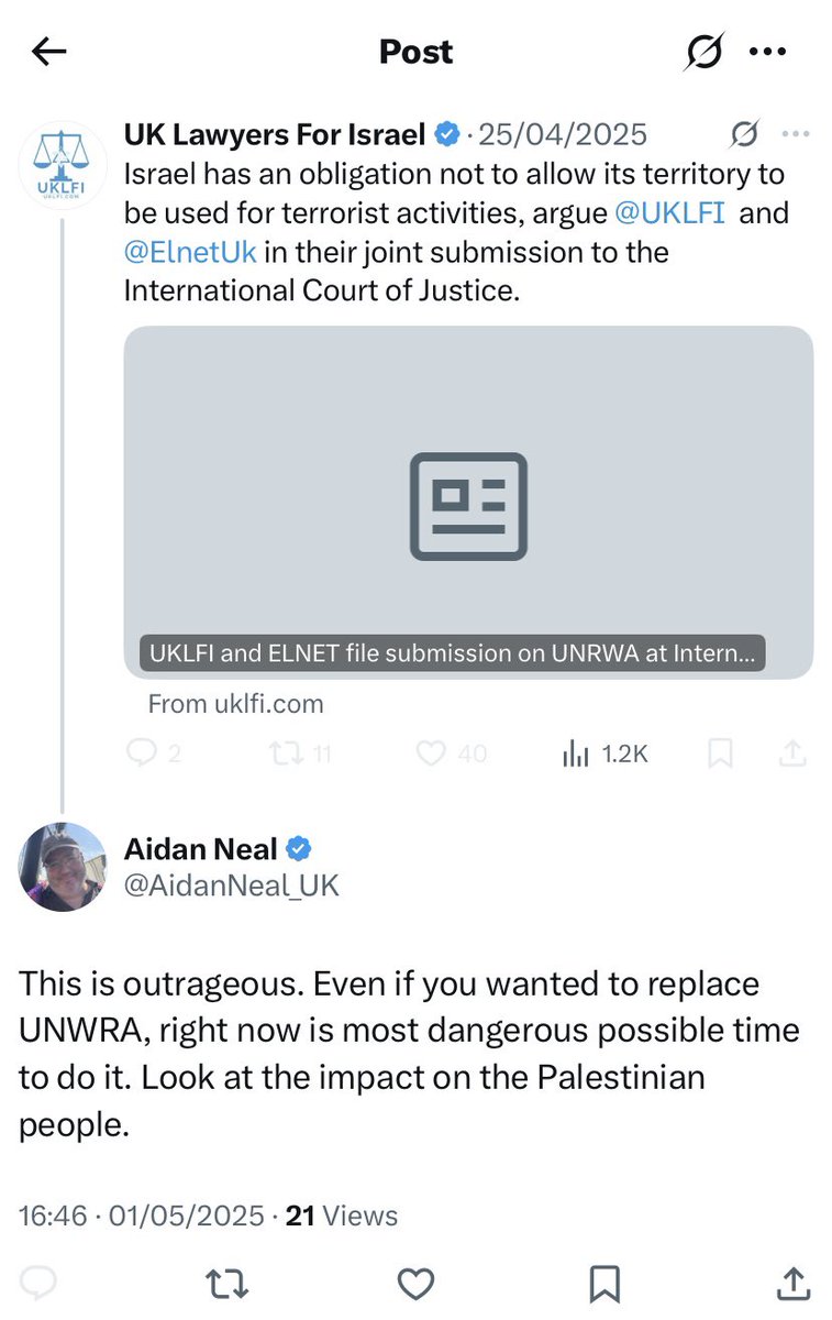 AidanNeal_UK's tweet image. Just noticed I’ve been blocked by UK Lawyers for Israel.
My only interaction with them was this.
Confirms my impression of an organisation that is not very tolerant of anyone dissenting from their opinions on Israel.