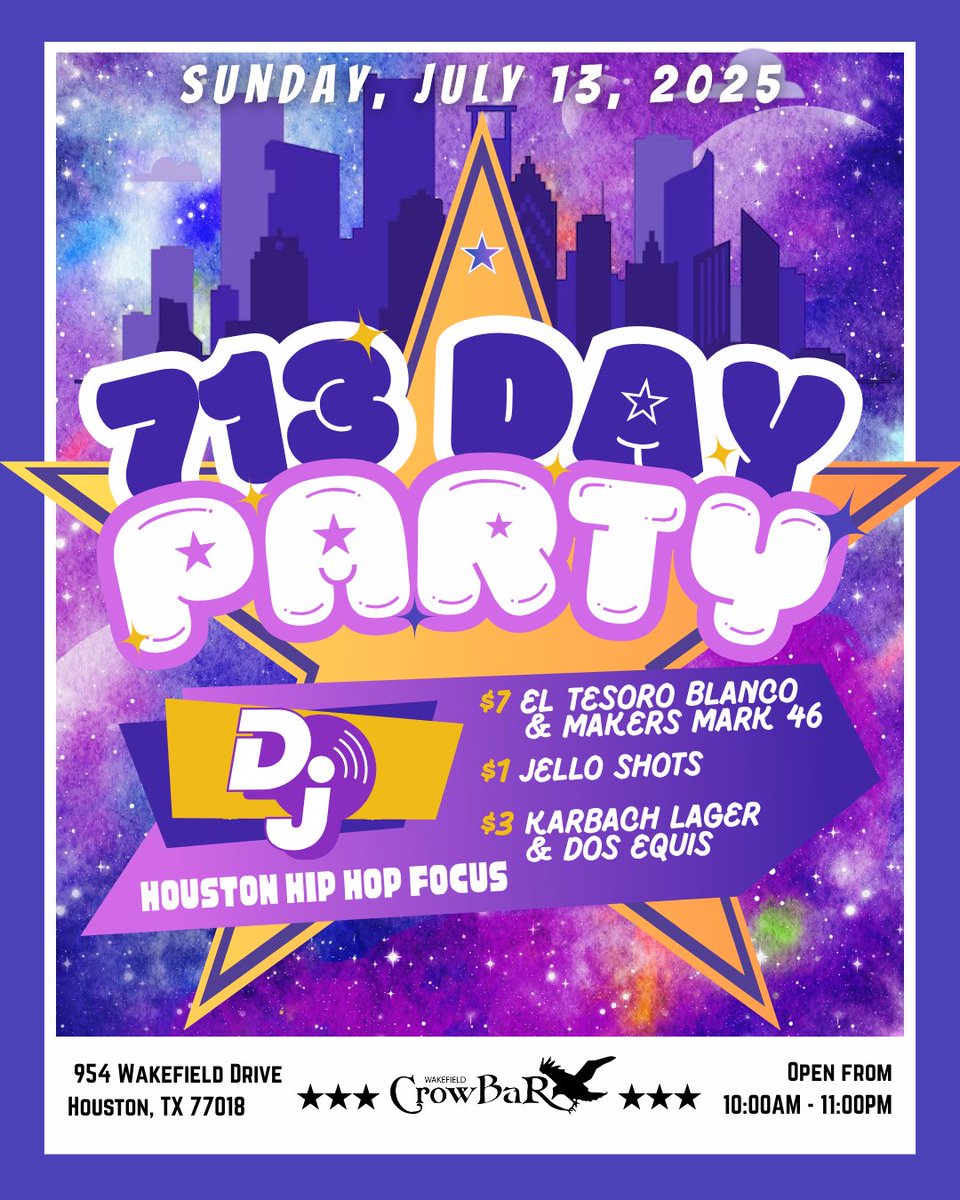 WakefieldCrow's tweet photo. It is 713 Day and we are throwing a party for the city we love. DJ. Drink specials. Come celebrate at Wakefield Crowbar! https://t.co/BDkNjkE2ud
