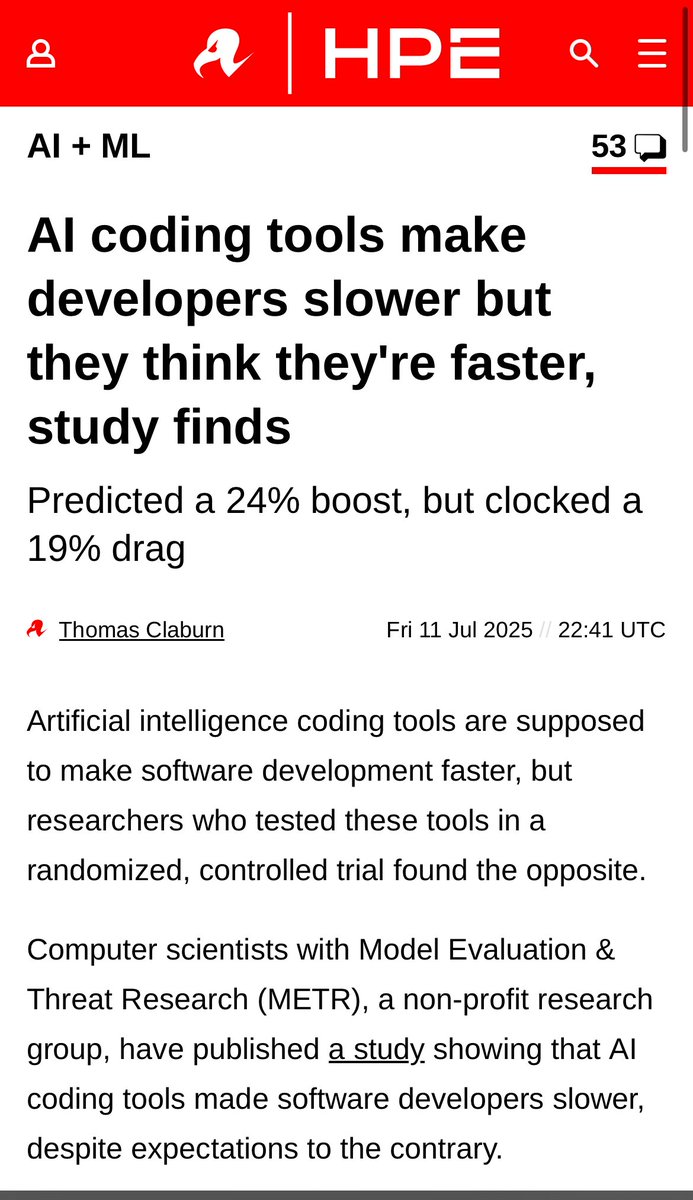 Pirat_Nation's tweet photo. AI coding tools make developers slower but they think they're faster, study finds.

"After completing the study, developers estimate that allowing AI reduced completion time by 20 percent," the study says https://t.co/3VqhW0ZYuB