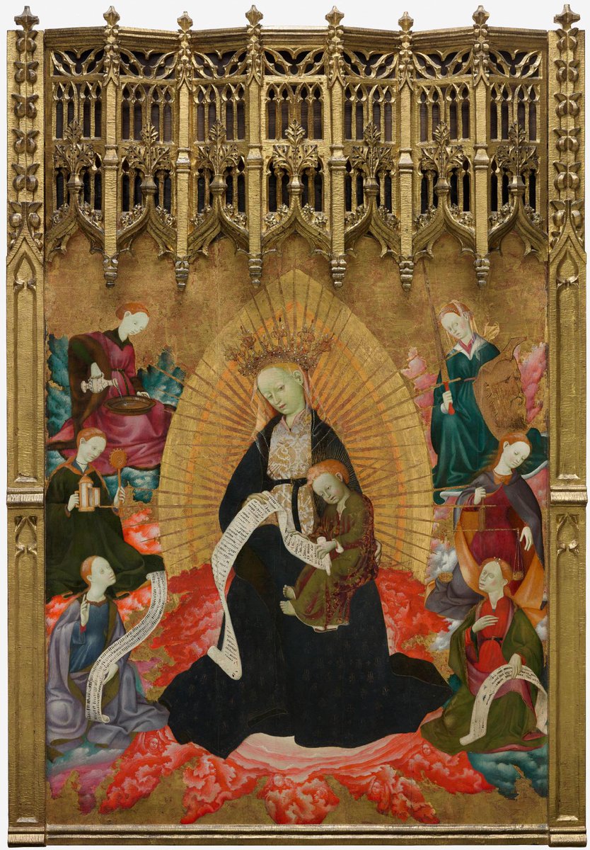 Fortitude, Justice, and Prudence, ca. 1434-1437, by Bernat Martorell (Catalan), Barcelona's leading painter in the early 15th c, this formed the topmost central section of a large retablo, created for the chapel of the Palau de la Generalitat in Barcelona, which housed law courts