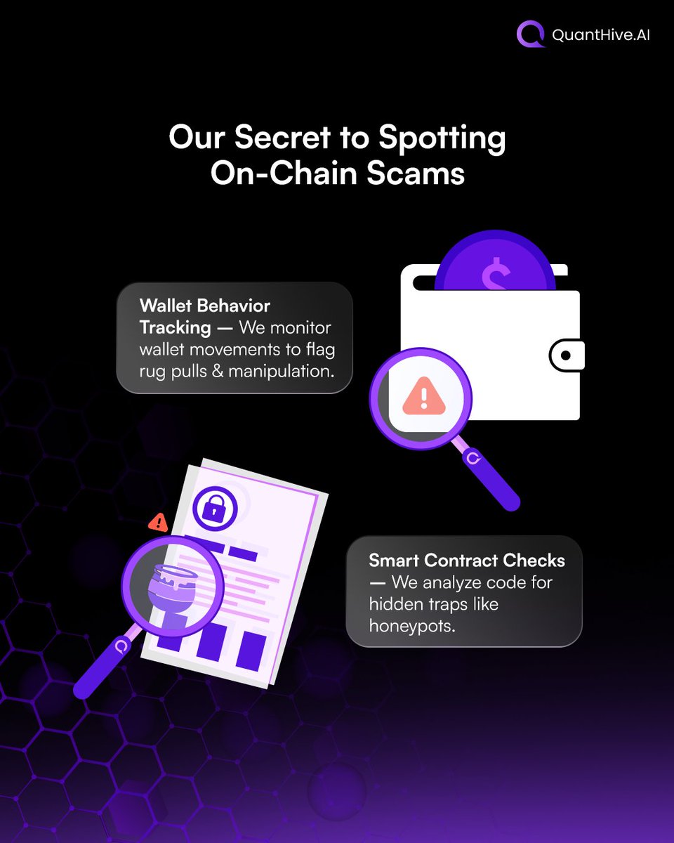 QuantHiveAI's tweet image. 🧠 Most tools warn you after the rug. QuantHive steps in before — tracking shady wallet flows and auditing smart contracts for hidden traps.
🚫 A 2-prong defense that keeps you out of scam city.
😎 Stay early, stay safe — the alpha way 👉 app.QuantHive.AI