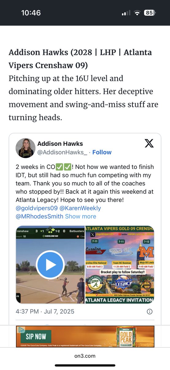Addison Hawks (@addisonhawks_) on Twitter photo Thank you so much <a href="/SoftbalAmerica/">Softball America</a> for the recognition! So thankful to be on this list, along with so many other talented athletes!! <a href="/goldvipers09/">Atlanta Vipers Gold ‘09 - Crenshaw</a> <a href="/KarenWeekly/">Karen Weekly</a> <a href="/MRhodesSmith/">Megan Smith</a> <a href="/SLSanders20/">Stephanie Sanders</a> <a href="/Coach_SniderSB/">Craig Snider 🍊</a> <a href="/rittmanjohn/">John Rittman</a> <a href="/ClemsonCoachKJ/">Kyle Jamieson</a> <a href="/KatieRepole/">Katie “Crash” Repole</a> <a href="/Coach_Wigs/">Ryan Wieligman</a> <a href="/DukeCoachYoung/">Marissa Young</a> Thank you so much <a href="/SoftbalAmerica/">Softball America</a> for the recognition! So thankful to be on this list, along with so many other talented athletes!! <a href="/goldvipers09/">Atlanta Vipers Gold ‘09 - Crenshaw</a> <a href="/KarenWeekly/">Karen Weekly</a> <a href="/MRhodesSmith/">Megan Smith</a> <a href="/SLSanders20/">Stephanie Sanders</a> <a href="/Coach_SniderSB/">Craig Snider 🍊</a> <a href="/rittmanjohn/">John Rittman</a> <a href="/ClemsonCoachKJ/">Kyle Jamieson</a> <a href="/KatieRepole/">Katie “Crash” Repole</a> <a href="/Coach_Wigs/">Ryan Wieligman</a> <a href="/DukeCoachYoung/">Marissa Young</a>