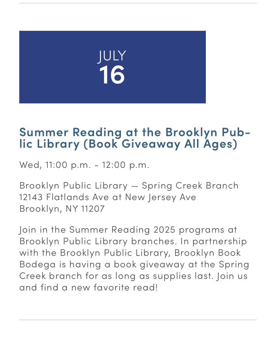 BklynBookBodega's tweet image. In partnership with @bklynlibrary, Brooklyn Book Bodega will be hosting a giveaway at the Spring Creek branch with free books for all ages — available while supplies last.⁠
⁠
#BrooklynPublicLibrary #BrooklynReads #FreeBooksNYC #NYCSummerFun #FamilyEventsBrooklyn #NYCFamilyFun