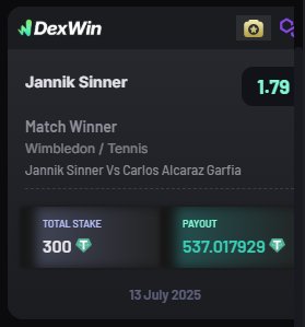 Daily Cuties ๐ (@cuties_zone) on Twitter photo ๐พ Sinner vs Alcaraz โ Wimbledon showdown!
Dropped 300 $USDT on Jannik Sinner to win and cash 537 $USDT ๐ฅ
Best betting odds in Wimbledon Tennis today!
<a href="/DexWin_Sports/">DexWin Crypto Betting</a> = Web 3.0 betting, instant withdrawals, & zero fees ๐ ๐พ Sinner vs Alcaraz โ Wimbledon showdown!
Dropped 300 $USDT on Jannik Sinner to win and cash 537 $USDT ๐ฅ
Best betting odds in Wimbledon Tennis today!
<a href="/DexWin_Sports/">DexWin Crypto Betting</a> = Web 3.0 betting, instant withdrawals, & zero fees ๐