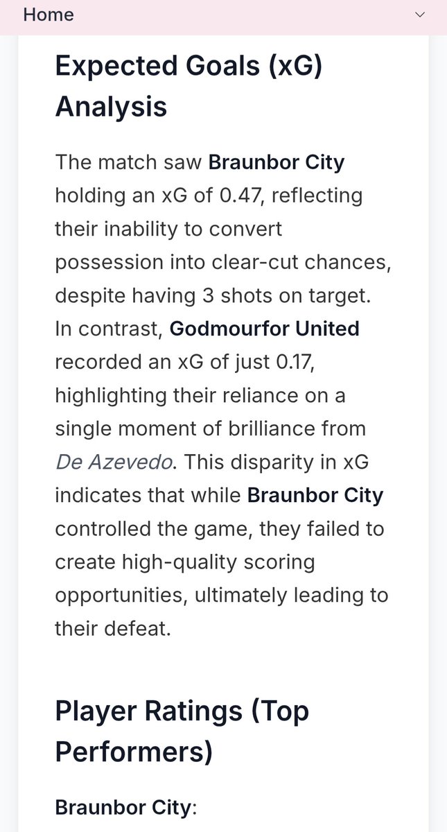 Sneak peek!

xG and Player Ratings are coming 📈

Props <a href="/BraunborCity/">Braunbor City Group</a> 

Check out an example - gazzettafootium.vercel.app/reports/f05bb7…

Coming tomorrow. Gary is on it 🤼‍♂️