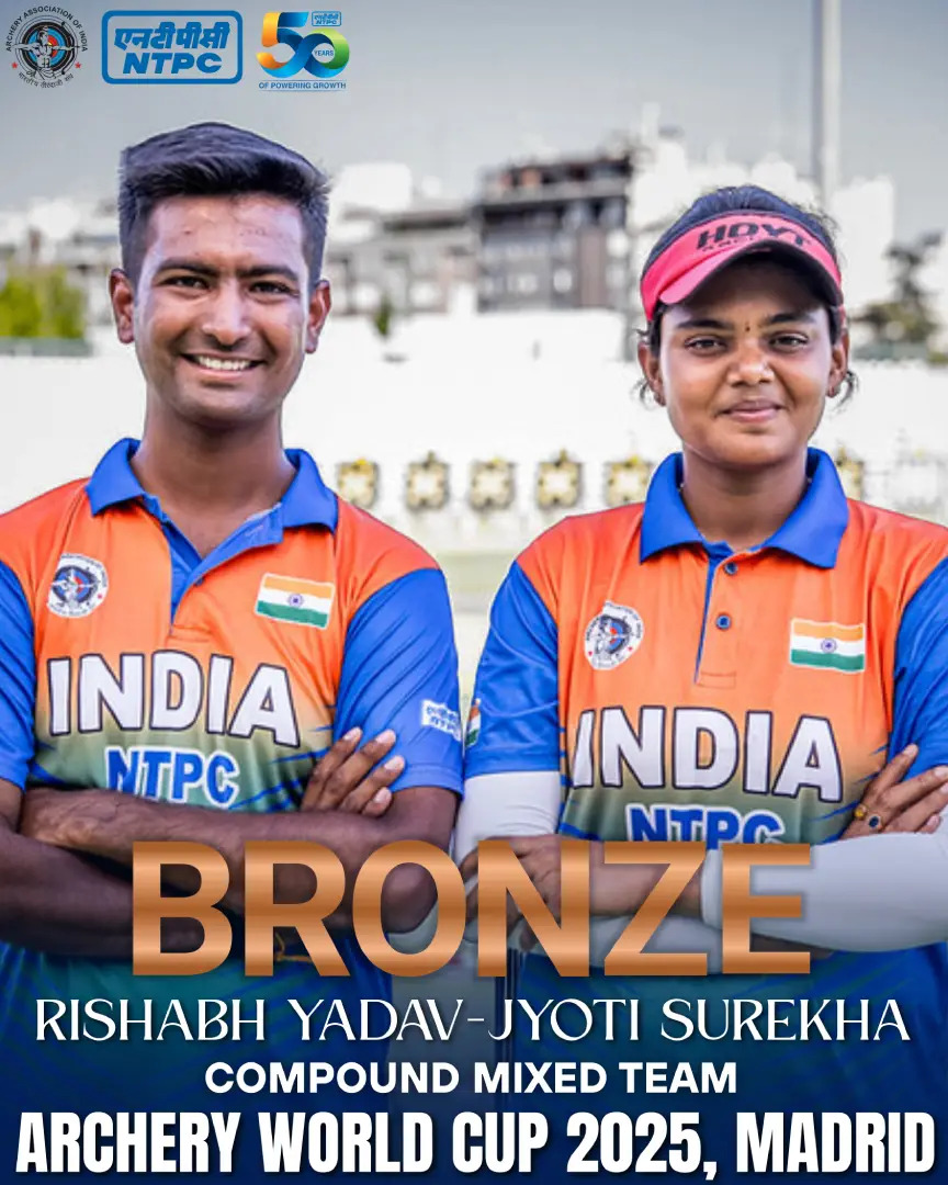 ARCHERY ASSOCIATION OF INDIA (@india_archery) on Twitter photo Congratulations to Jyothi Surekha Vennam and Rishabh Yadav for showcasing remarkable composure and coordination in the Compound Mixed Team event, securing a bronze medal for India.
Title sponsor: <a href="/ntpclimited/">NTPC Limited</a>
#IndiaAtArcheryWorldCup #Archery2025 #India Congratulations to Jyothi Surekha Vennam and Rishabh Yadav for showcasing remarkable composure and coordination in the Compound Mixed Team event, securing a bronze medal for India.
Title sponsor: <a href="/ntpclimited/">NTPC Limited</a>
#IndiaAtArcheryWorldCup #Archery2025 #India