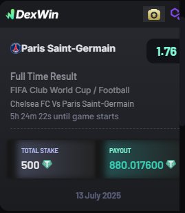 ๐ฏ. ๐ณ. ๐จ. เผ๏ธ (@hacklifeajax) on Twitter photo ๐ Chelsea vs PSG โ Club World Cup Final!
Staked 500 $USDT on PSG to win and bag 880 $USDT ๐ฅ
Best betting odds in Club World Cup today!
Only on <a href="/DexWin_Sports/">DexWin Crypto Betting</a> โ crypto sports betting with best bonuses per $ wagered โฝ๐ธ ๐ Chelsea vs PSG โ Club World Cup Final!
Staked 500 $USDT on PSG to win and bag 880 $USDT ๐ฅ
Best betting odds in Club World Cup today!
Only on <a href="/DexWin_Sports/">DexWin Crypto Betting</a> โ crypto sports betting with best bonuses per $ wagered โฝ๐ธ
