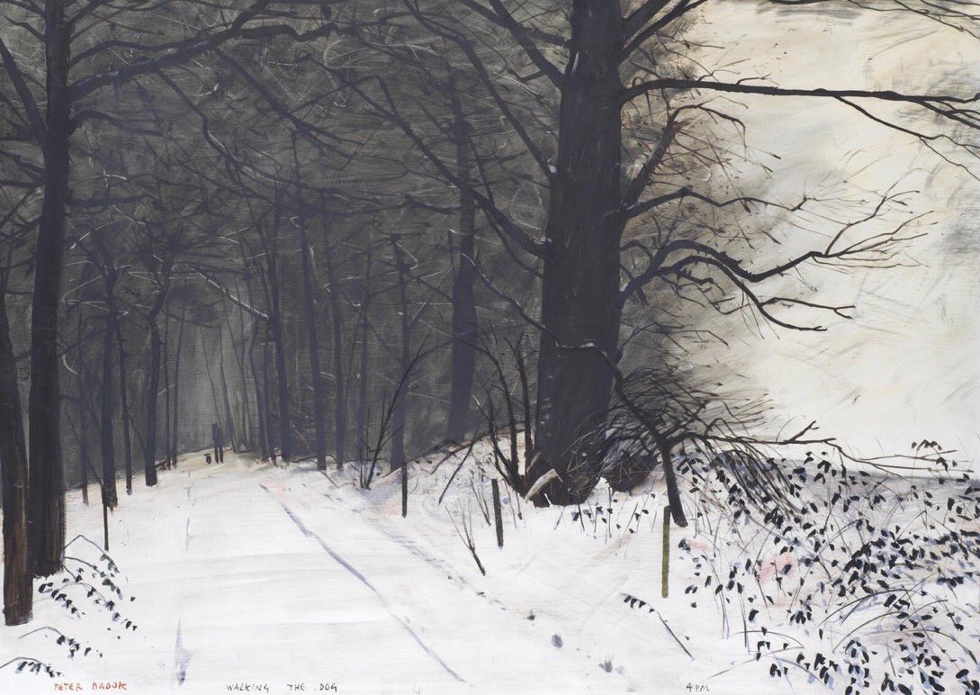 PennineThe's tweet image. On another warm and sunny day it’s easy to forget just how short the winter afternoons can be. In ‘Walking the Dog - 4PM’ the light is already fading fast as Peter Brook and Shep disappear into the gloom, leaving Bradley Wood behind and heading for home. (Sold by Bonhams in 2020)