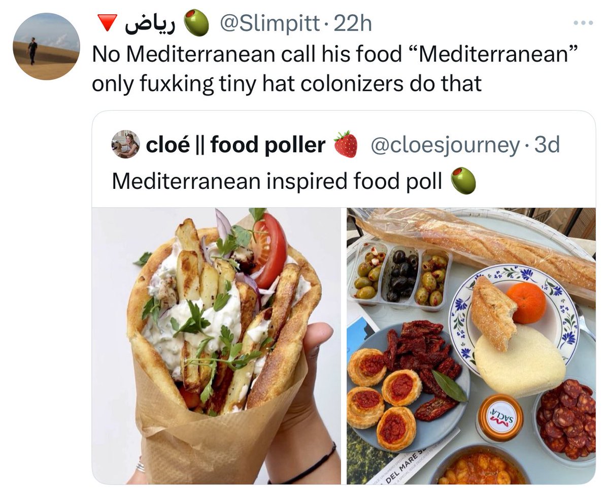 An 18 year old girl who is recovering from an eating disorder posts about food she likes.

Her quotes and replies are nothing but🔻🍉psychopaths labelling her Jewish, Israeli, and in this case, "tiny hat coloniser" for posting a Greek Gyro.

You are all fucking soulless freaks.