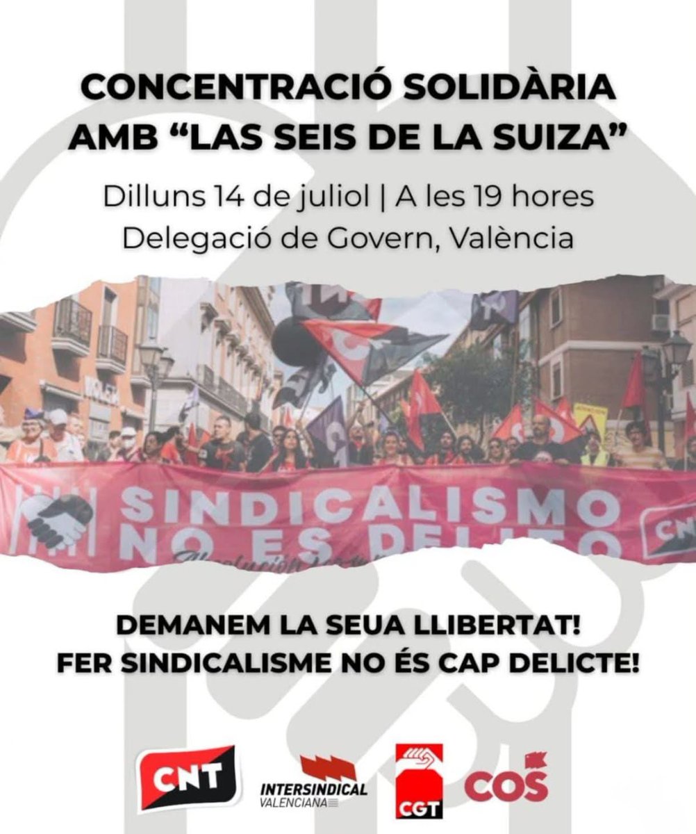 Sindic_Estud_PV's tweet image. Demà eixim als carrers en solidaritat amb "Las 6 de la Suiza"
Facer sindicalismu nun ye delitu✊🏽