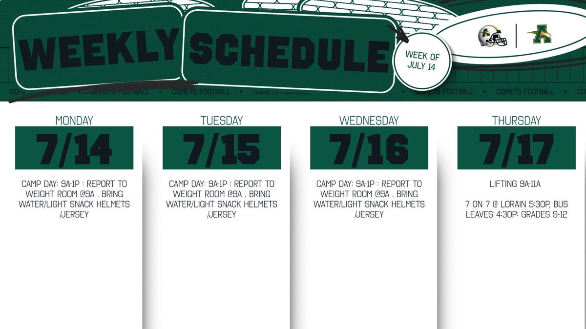 Comets Weekly Schedule #PCE <a href="/AmherstQb/">Amherst Quarterback Club</a> <a href="/SteeleComets/">Steele Athletics</a> <a href="/CoachTThome/">Tom Thome Jr</a>