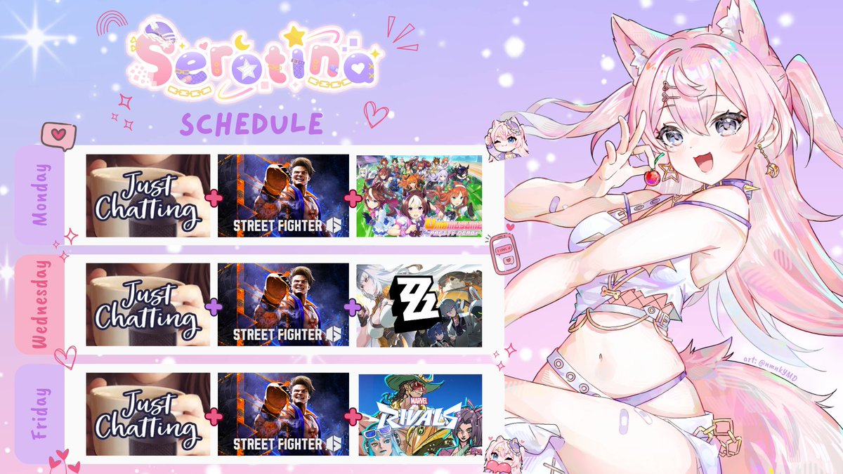 SerotinaVT's tweet image. Here's this week's schedule! 💜✨
➡️ Mon/Wed/Fri @ 8:30pm EST
I'll be trying to get into Umamusume again 🐴, pulling for Yuzuha in ZZZ ☂️, and grabbing the new swimsuit skins in Marvel Rivals 🌊!!!!!!!!
See you there Solmates 🫡💫
